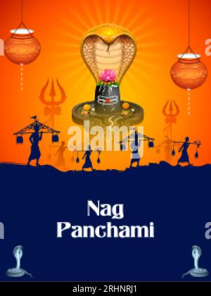 Serpent Nag avec Shiv Linga pour la célébration traditionnelle du festival indien hindou avec message texte hindi signifiant Happy Nag Panchami Illustration de Vecteur