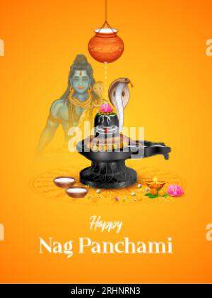 Serpent Nag avec Shiv Linga pour la célébration traditionnelle du festival indien hindou avec message texte hindi signifiant Happy Nag Panchami Illustration de Vecteur