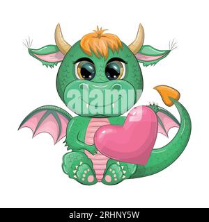 Mignon dragon vert de dessin animé avec un coeur, déclaration d'amour, Saint Valentin. Symbole de 2024 selon le calendrier chinois Illustration de Vecteur