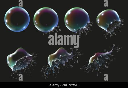 Animation d'explosion de bulles de savon arc-en-ciel. Bulle explose en éclaboussures savonneuses, sphère irisée éclate jeu de vecteurs d'images animées au ralenti Illustration de Vecteur