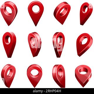 Icônes de pointeurs d'épingle de carte d'emplacement. Signe de système de géolocalisation, épingles de carte de voyage et marqueurs de navigation rouges dans différents angles 3D ensemble de vecteurs isolés Illustration de Vecteur
