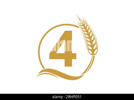 symbole de signe de lettre 4 avec couronne d'oreilles de blé. Logo Agriculture modèle agricole symbole vectoriel Illustration de Vecteur