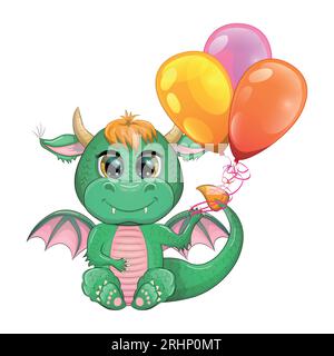 Mignon bébé dragon vert de dessin animé avec des cornes et des ailes. Symbole de 2024 selon le calendrier chinois. Reptile monstre mythique drôle Illustration de Vecteur