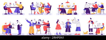 Visiteurs du restaurant et du café. Les gens mangent et boivent aux tables de restaurant ensemble, profitant de la réunion et de la célébration. Jeu d'illustrations vectorielles géométriques Illustration de Vecteur