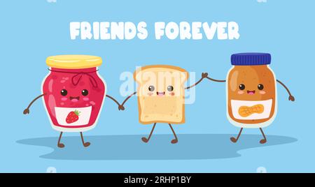 Mignon toast. Heureux beurre de cacahuète et pots de confiture de gelée avec pain sandwich ensemble, amitié pour toujours et illustration vectorielle de match parfaite Illustration de Vecteur