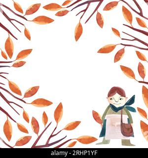 Cadre aquarelle avec arbre d'automne wuith feuilles orange. Clipart isolé. Illustration raster pour emballage, cartes de vœux, cadeaux Banque D'Images