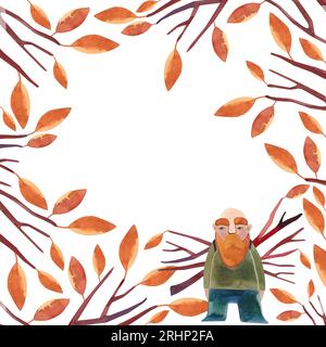 Cadre aquarelle avec arbre d'automne wuith feuilles orange. Clipart isolé. Illustration raster pour emballage, cartes de vœux, cadeaux Banque D'Images