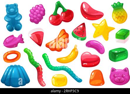 Gelée douce de dessin animé. Délicieux desserts gommeux, bonbons en gelée de différentes formes. Ensemble d'illustrations vectorielles de bonbons colorés Illustration de Vecteur