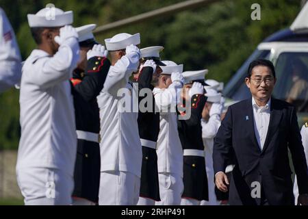 Comté de Frederick, États-Unis. 18 août 2023. Le Premier ministre japonais Fumio Kishida arrive pour un sommet trilatéral à Camp David dans le comté de Frederick, Maryland, le vendredi 18 août 2023. Photo de Nathan Howard/UPI crédit : UPI/Alamy Live News Banque D'Images