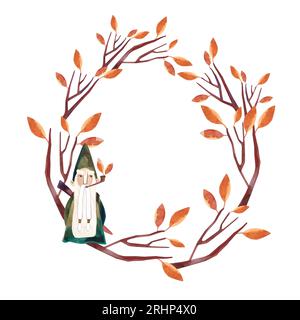 Couronne aquarelle avec arbre d'automne wuith feuilles d'orange et gnome. Clipart isolé. Illustration raster pour emballage, cartes de vœux, cadeaux. Banque D'Images