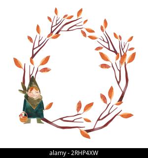 Couronne aquarelle avec arbre d'automne wuith feuilles d'orange et gnome. Clipart isolé. Illustration raster pour emballage, cartes de vœux, cadeaux. Banque D'Images