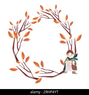 Couronne aquarelle avec arbre d'automne wuith feuilles d'orange et gnome. Clipart isolé. Illustration raster pour emballage, cartes de vœux, cadeaux. Banque D'Images