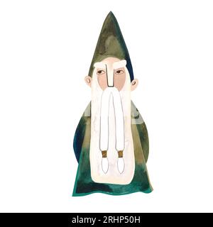 Aquarelle vieux gnome en costume vert. Illustration isolée. Clipart. Illustration raster pour emballage, cartes de vœux et papier d'emballage, cadeaux, po Banque D'Images