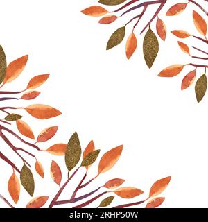 Cadre aquarelle avec arbre d'automne wuith feuilles orange. Clipart isolé. Illustration raster pour emballage, cartes de vœux, cadeaux Banque D'Images