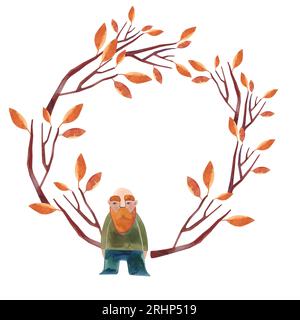 Couronne aquarelle avec arbre d'automne wuith feuilles d'orange et gnome. Clipart isolé. Illustration raster pour emballage, cartes de vœux, cadeaux. Banque D'Images