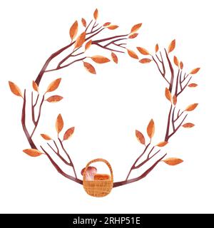 Couronne aquarelle avec arbre d'automne wuith feuilles d'orange et gnome. Clipart isolé. Illustration raster pour emballage, cartes de vœux, cadeaux. Banque D'Images