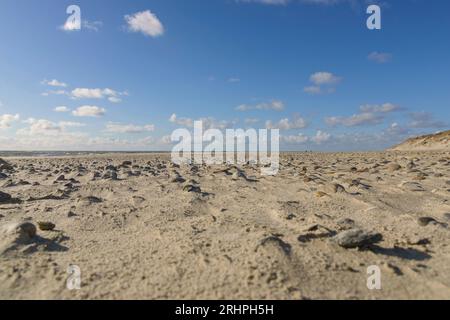 Plage de sable au premier plan avec ciel bleu avec nuages à Bjerregard. Banque D'Images