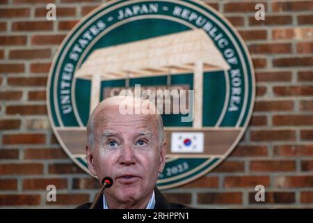 Comté de Frederick, États-Unis. 18 août 2023. Le président Joe Biden au Sommet trilatéral à Camp David dans le comté de Frederick, Maryland, le 18 août 2023. (Photo de Nathan Howard/Sipa USA) crédit : SIPA USA/Alamy Live News Banque D'Images