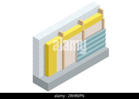 Mur isométrique de briques d'isolation thermique externe. Efficacité énergétique des maisons. Améliorez l’efficacité énergétique de votre maison, économisez sur les coûts énergétiques, investissez Illustration de Vecteur