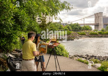 Plein Air Painters peinture à DUMBO Brooklyn NYC Banque D'Images