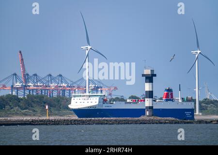 Ferry Roro Jutlandia Sea, vue du Hoek van Holland à l'entrée du port du Maasvlakt, Rotterdam et Nieuwe Waterweg, Maas, Nether Banque D'Images