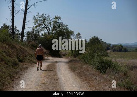 Girona, Espagne. 18 août 2023. Un homme a vu marcher sporadiquement le long du sentier Vilopriu sous une température de 30 degrés Celsius. La Catalogne vit immergée dans une grande sécheresse et sous les premiers États d’urgence dus au manque d’eau. Dans 22 municipalités, les restrictions déterminent une consommation maximale d'eau de 200 litres par personne et par jour maximum. (Photo de Paco Freire/SOPA Images/Sipa USA) crédit : SIPA USA/Alamy Live News Banque D'Images