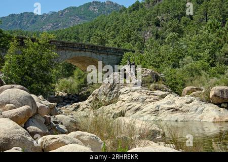 Solenzara est une belle rivière avec des étangs pour prendre un bain rafraîchissant sur l'île corse. Les montagnes corses sont un beau côté mer. Banque D'Images