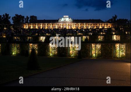 Potsdam, Allemagne. 18 août 2023. Les terrasses de vin illuminées de la 25e nuit du Palais de Potsdam dans le parc de Sanssouci, qui a lieu les 18 et 19 août. Avec le titre 'prachtig' une touche néerlandaise a été donnée au programme. Un monde de conte de fées de danse, théâtre, musique, acrobaties, lectures, des installations lumineuses et des délices culinaires seront proposés dans le parc du palais de Sanssouci. Crédit : Britta Pedersen/dpa/Alamy Live News Banque D'Images