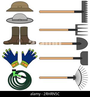 Ensemble de divers outils de jardinage pour le jardinage et l'agriculture. Illustration vectorielle. Jeu d'outils agricoles. Collection d'instruments de jardin. Illustration de Vecteur