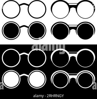 Collection de silhouettes de lunettes avec verres ronds sur fond noir et blanc. Ensemble d'icônes vectorielles et de signes. Illustration de Vecteur