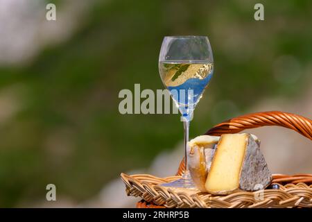 Fromage et vin, Roussette de Savoie blanc sec ou vin de Savoie de la région savoyarde avec fromage de tomme servi sur la frontière du col du Galibier région savoyarde Banque D'Images