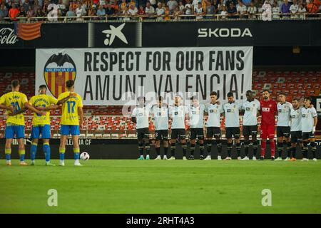 Fans vides en action pendant la saison régulière de la Liga EA Sport Round 2 le 18 août 2023 au Mestalla Stadium (Valencia, la Liga EA Sport Regular se Banque D'Images