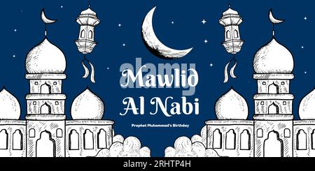 illustration de bannière horizontale dessinée à la main mawlid al nabi avec lune, nuages, étoiles et mosquée Illustration de Vecteur