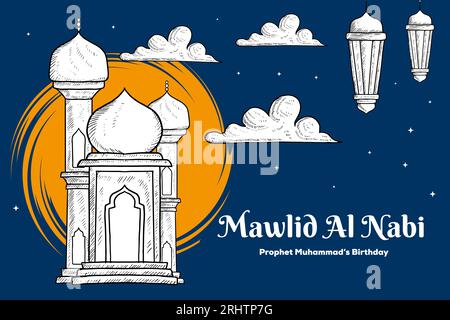 illustration de fond de mawlid al nabi dessinée à la main avec mosquée, nuages et lanternes Illustration de Vecteur