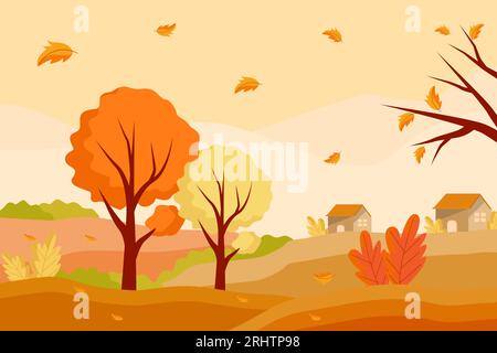 illustration de fond d'automne de vecteur dans la conception plate avec arbre, feuilles et maisons Illustration de Vecteur