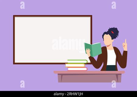 Graphisme dessin plat jeune femme enseignante debout devant la classe avec le livre sur sa main, pile de livres sur la table. Enseignante enseignante en clas Banque D'Images