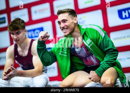 Duesseldorf, Allemagne. 07 juillet 2023. Gymnastique : gymnastique de l'appareil, PSD Bank Dome, Championnats d'Allemagne, décision tout autour, hommes : Nick Klessing Cheers. Crédit : Tom Weller/dpa/Alamy Live News Banque D'Images