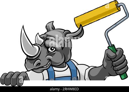 Rhino Painter Decorator Paint Roller Mascot Homme Illustration de Vecteur