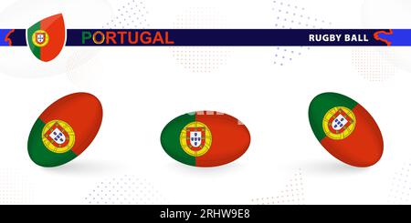 Ballon de rugby avec le drapeau du Portugal dans différents angles sur fond abstrait. Collection de vecteurs de rugby. Illustration de Vecteur