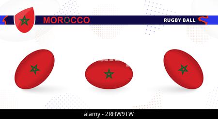 Ballon de rugby avec le drapeau du Maroc dans différents angles sur fond abstrait. Collection de vecteurs de rugby. Illustration de Vecteur