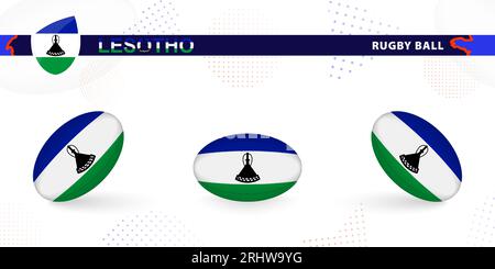 Ballon de rugby avec le drapeau du Lesotho dans différents angles sur fond abstrait. Collection de vecteurs de rugby. Illustration de Vecteur