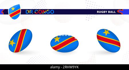 Ballon de rugby mis avec le drapeau de la RD Congo dans différents angles sur fond abstrait. Collection de vecteurs de rugby. Illustration de Vecteur