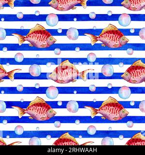 Illustration à l'aquarelle d'un motif de petits poissons rouges et de bulles sur un fond rayé bleu. Composition pour la conception de souvenirs, cartes postales, p Banque D'Images