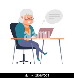Jolie vieille dame travaillant sur ordinateur portable, communiquant en ligne. Les personnes âgées utilisent la technologie informatique, l'illustration vectorielle. Illustration de Vecteur