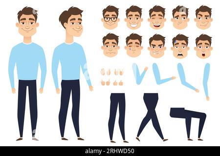 Personnage de jeune homme pour l'animation. Ensemble d'émotions de visage, de poses et de gestes. Illustration de Vecteur