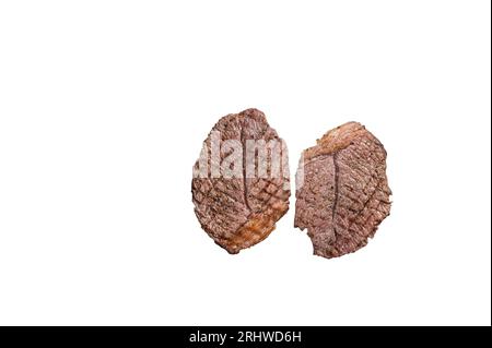 Rôti sur poêle grill steaks de viande marbrée de bœuf. Isolat de haute qualité, fond blanc Banque D'Images