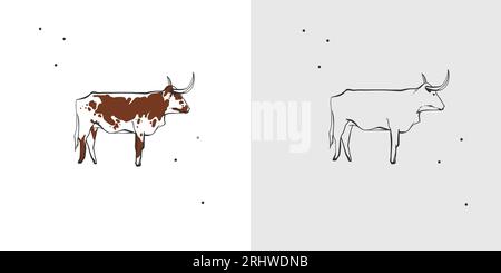 Dessin à la main abstrait vecteur graphique clipart illustration boho taureau et vache avec cornes logo élément.Western design concept. Doodle Wild West Illustration de Vecteur