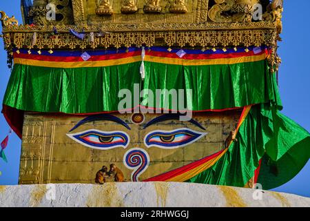 Népal, vallée de Katmandou, stupa bouddhiste Swayambunath, aussi appelé temple des singes car peuplé de nombreux macaques rhésus Banque D'Images