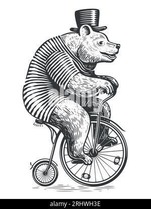 Drôle d'ours monte un vélo rétro. Spectacle de cirque, spectacle équitable. Style de gravure d'illustration vectorielle d'esquisse vintage Illustration de Vecteur