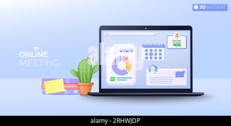symbole de l'icône de réunion en ligne 3d. Ordinateur portable, piles de livre, graphique, rappel, cloche de notification, calendrier, concept de conférence en ligne. Vecteur 3D i Illustration de Vecteur